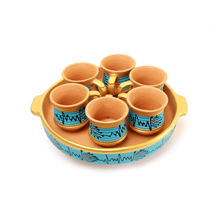 Handpainted Clay Cups with Tray Set of 7
