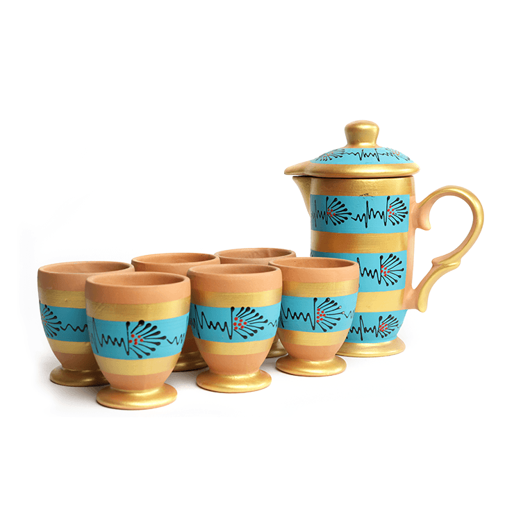 Handpainted Clay Serving Set of 7 Pieces with Goblet Glass and Pitcher