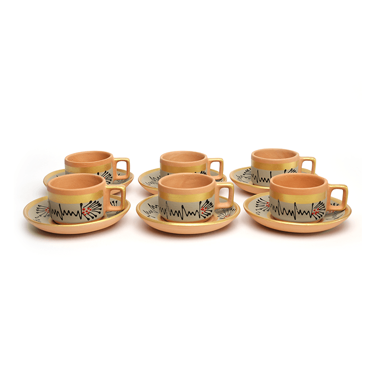 Handpainted Clay Cup and Round Saucer Set of 6 Pieces